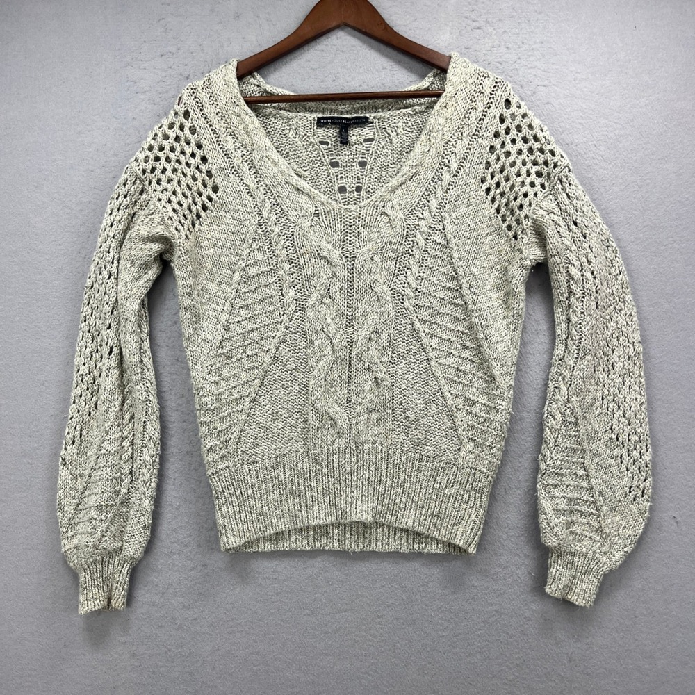 White House Black Market Sweater Women Large Gray Cable Knit Open Weave Boho